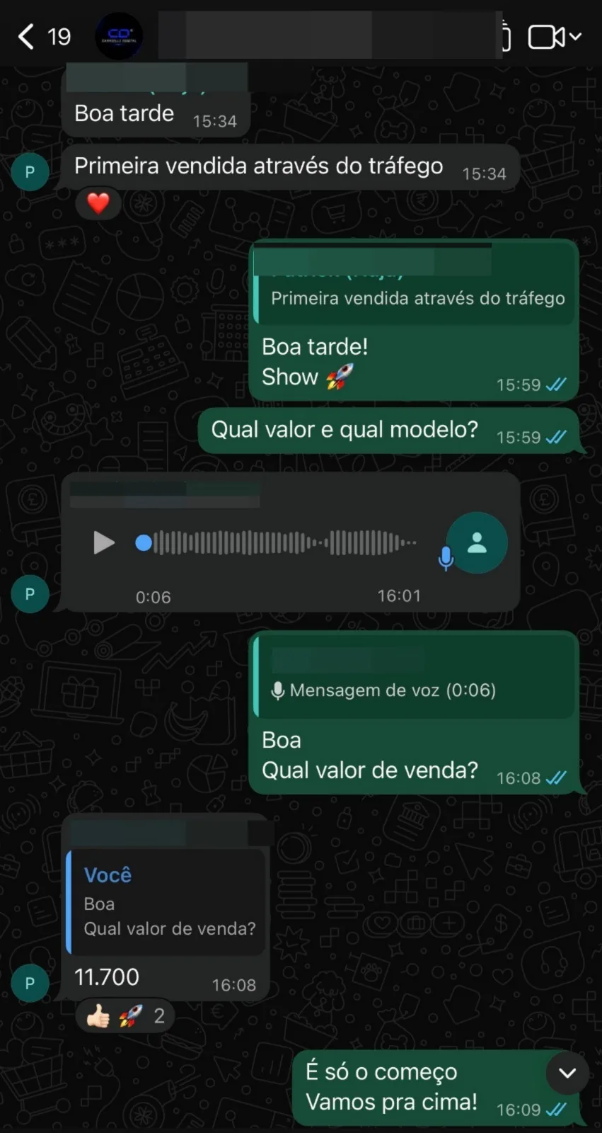 Conversa com o cliente confirmando a primeira venda pelo tráfego